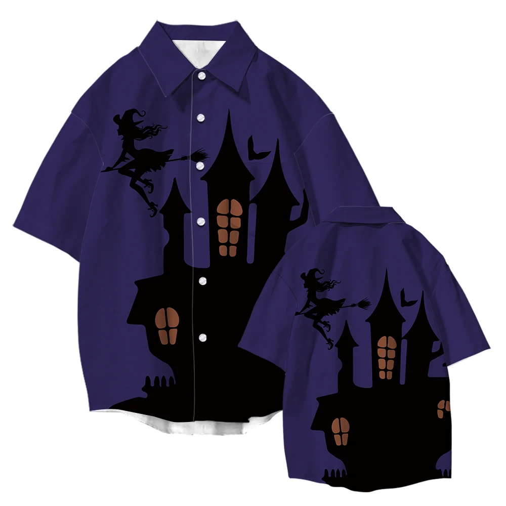 Men Vintage Shirts 2022 Summer New Hawaiian Short Sleeve Tops Halloween Witch Cartoon Printed Beach Casual Oversized Clothing