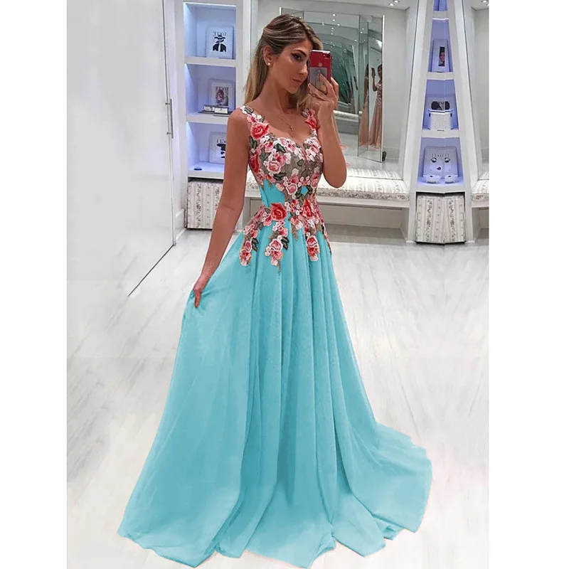 long chiffon floor length party dress ethnic style tank top embroidery Flower Women evening maxi