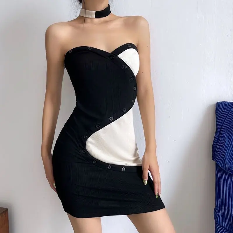 

2022 Strapless Sexy Dress Summer Color Matching Fashion Dress Women Slim Fit Hip Mini Dresses Ladies Party Dresses