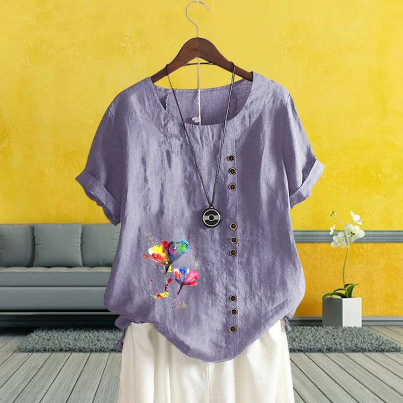 

2022 Women Summer Graphic Printed Round Neck Short Sleeve T Shirt Casual Plus Size Solid Color High-end Cotton Linen Loose Top