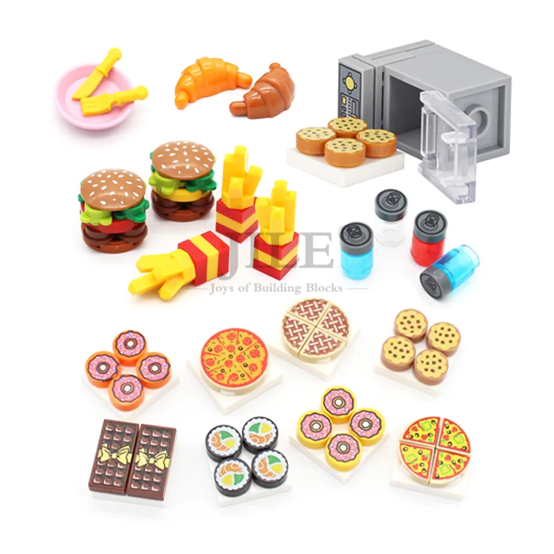 

City Mini Food Building Blocks Hamburger Pizza Fries Cake Dessert Chocolate Cookies MOC Bricks Plastic Assemble Part Figures Toy