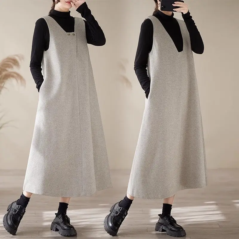 Осенне-зимнее модное шерстяное платье-майка без рукавов 2024 новое платье-жилет