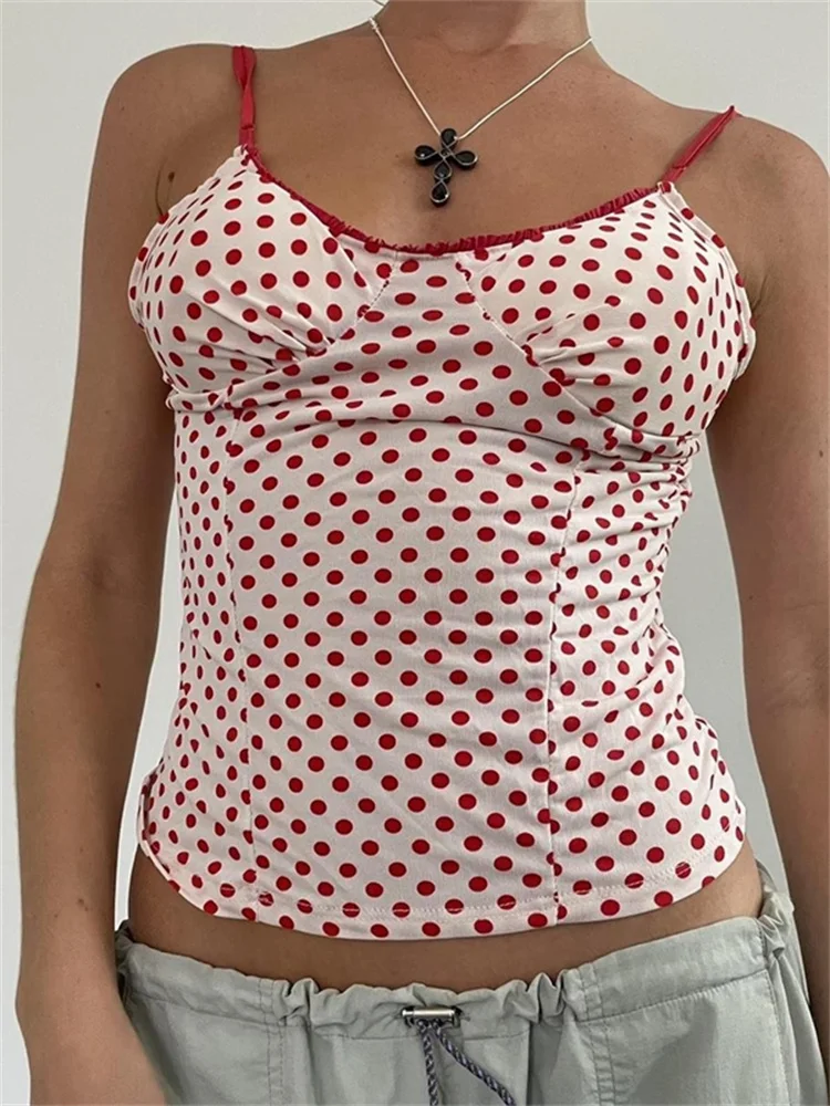 

hirigin Y2K Lace Tanks Tops Polka Dot Print Spaghetti Strap Cmais Fairycore Vintage Backless Crop Tops Summer Mini Vest 2023