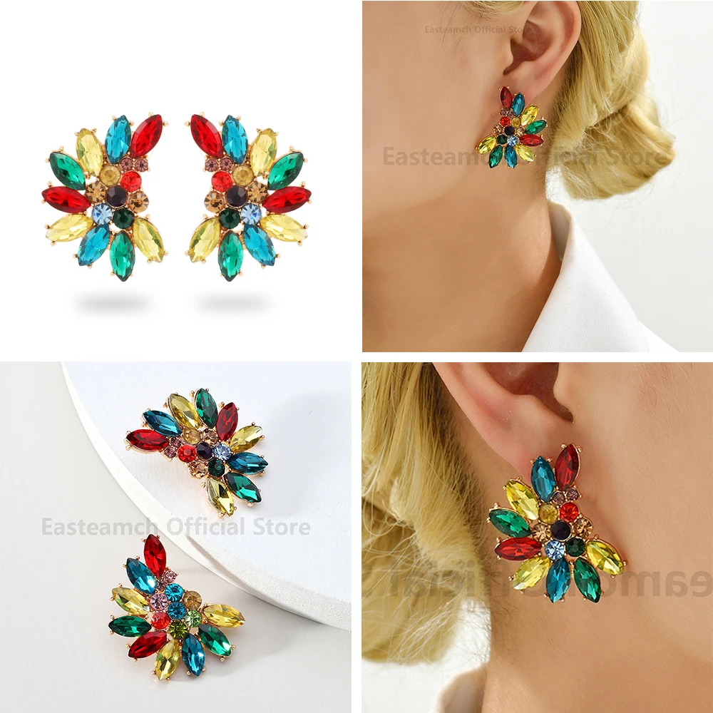 

Colorful Rhinestone Stud Earrings For Women 2023 Boho Trendy Luxury Design Bridal Wedding Statement Jewelry Accessoires Brincos