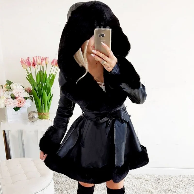Pure Color Fashion Self-cultivation PU Fur Stitching Jacket Ladies Elegant Faux Fur Winter Warmth Ruffled Waist Hooded Jacket