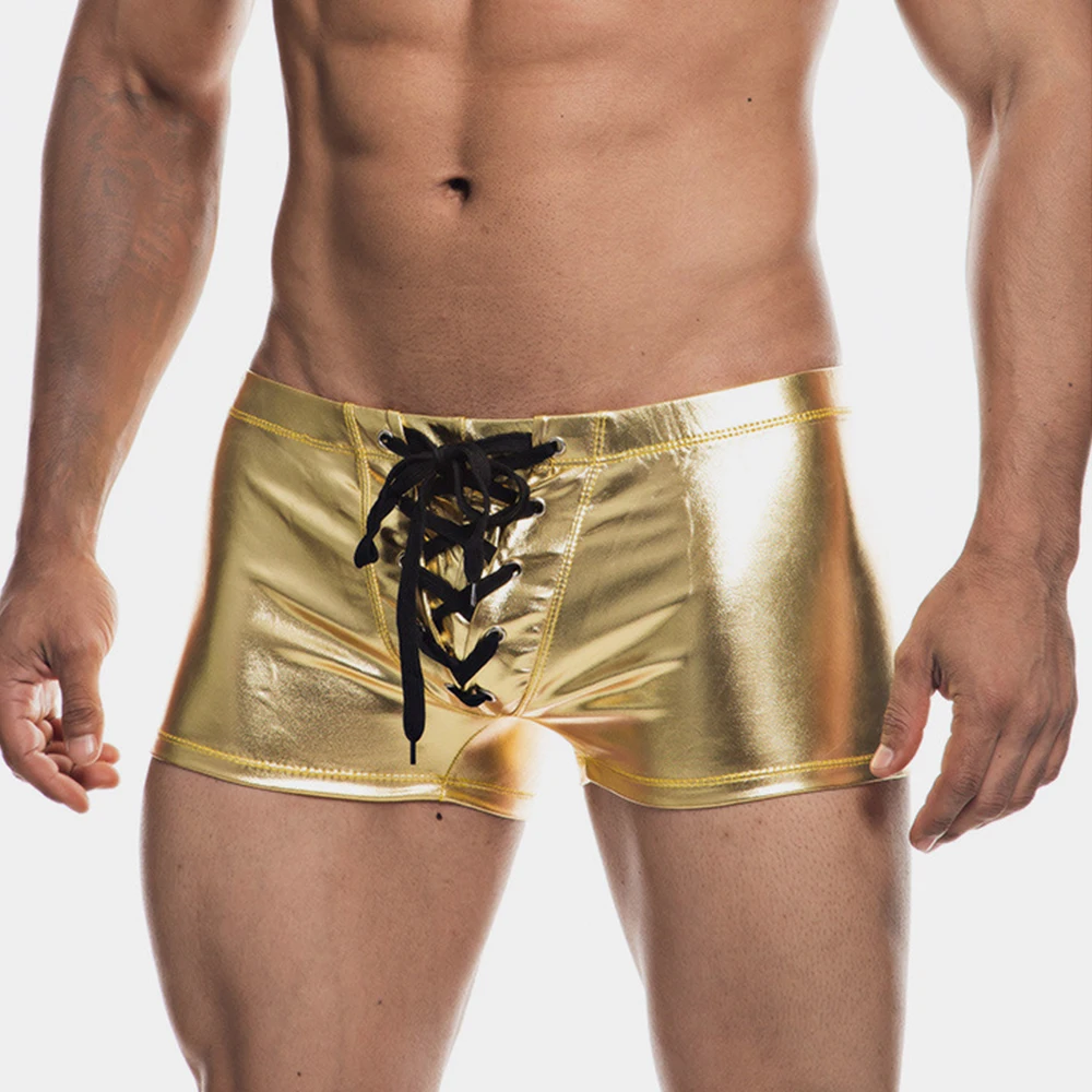 

Men Swim Trunks Patent Leather Swimwear Hot Stamping Fashion Boxer Shorts Beach Glossy Drawstring Clubwear Boxershorts Swimwear