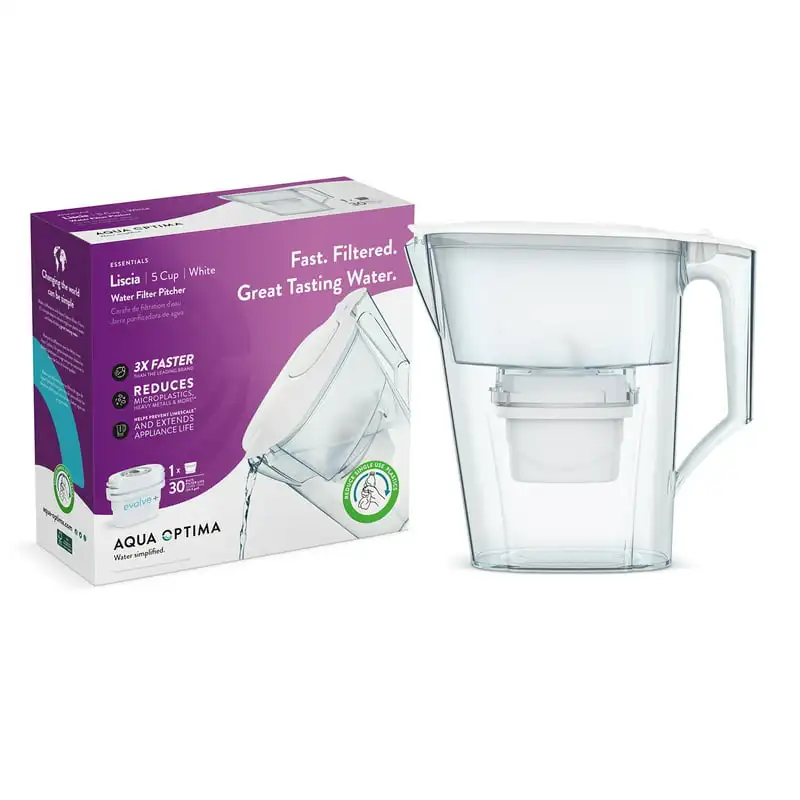 

Filter Pitcher for Tap and Drinking Water with 1 Evolve+ Filter, BPA Free, WQA Certified, Liscia Design (White)