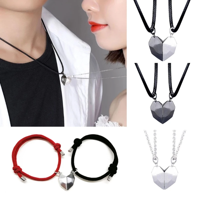 

652F Magnetic Distance Faceted Heart Pendant Necklace Lovers Necklace Gift for Couple