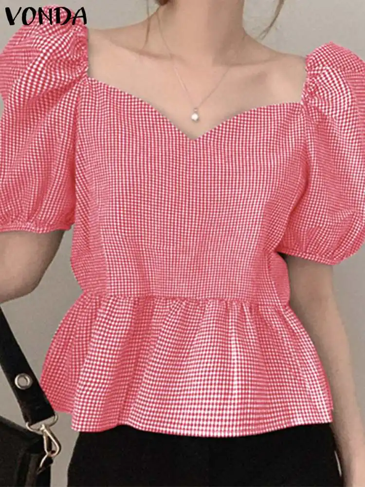 

VONDA 2022 Women Pleated Chemise Tops Short Puff Sleeves Plaid Blouse Femme A-Lined Blusas Femininas Retro Party Shirts Oversize