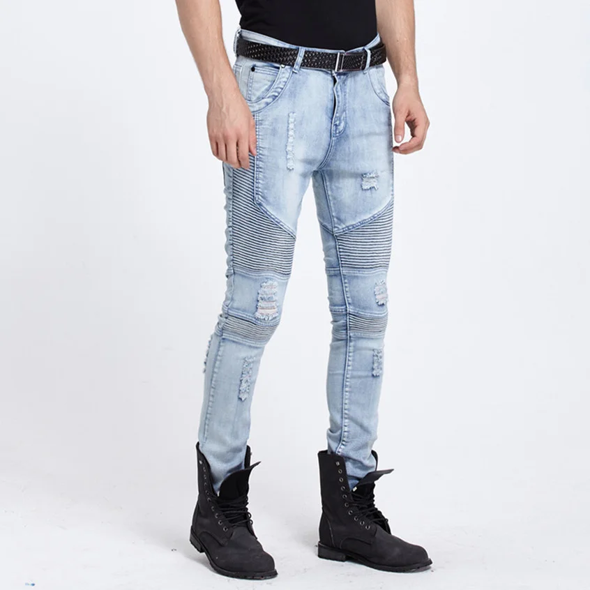 

mens elastic ripped biker jeans skinny light blue kanye west designer brand hip hop streetwear swag Motorcycle pants Joggers