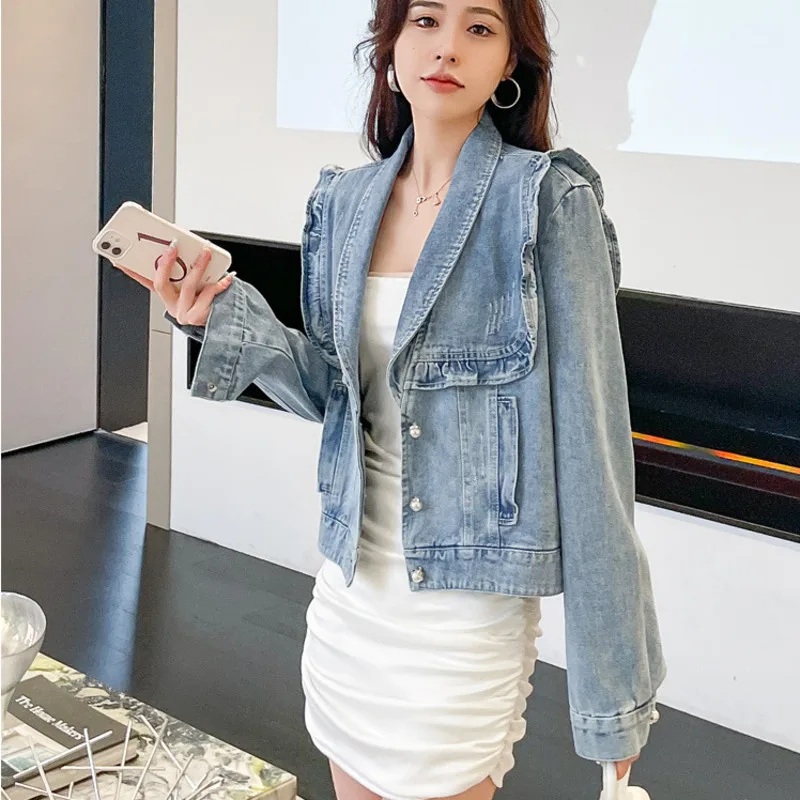 

Женская джинсовая куртка с оборками, свободная однобортная винтажная короткая джинсовая куртка с оборками, #3156