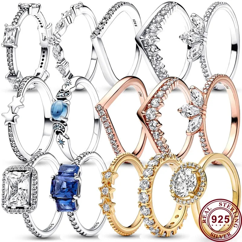 

New Hot 925 Silver Meteor Glow Cross Wishing Bone Petal Specimen Pandora Logo Ring For Original Gift High Quality Charm Jewelry