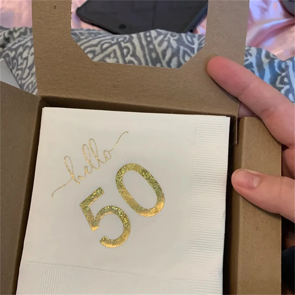 50 шт. Hello Fifty White с металлической блестящей золотой фольгой салфетки для коктейлей