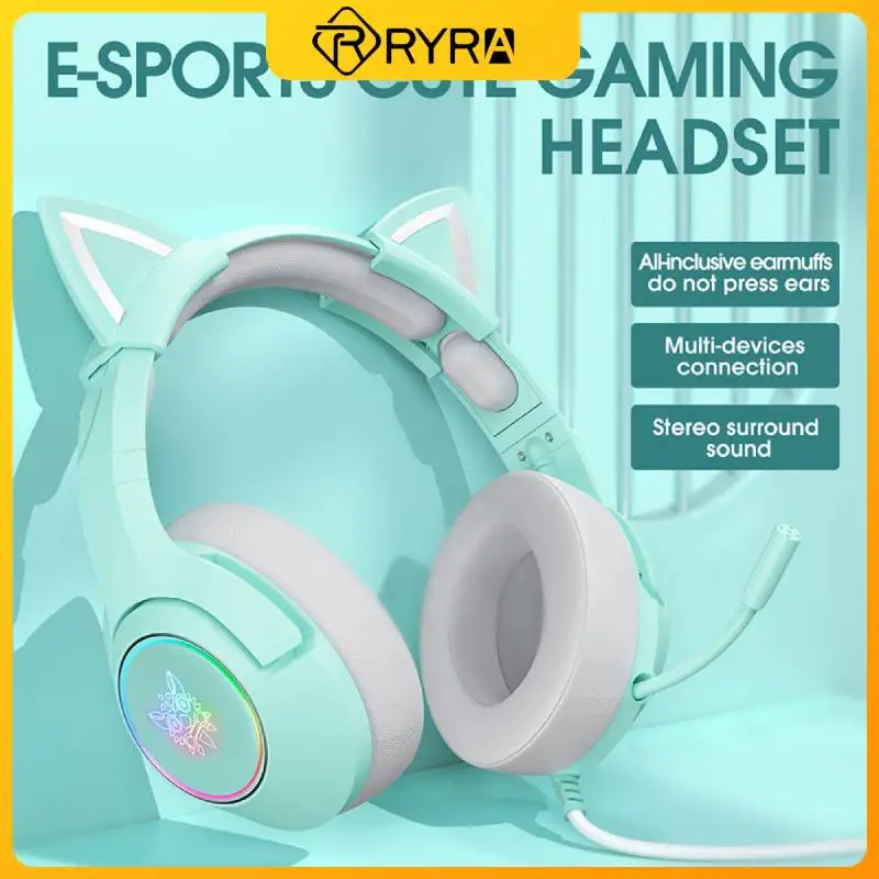 

Проводные наушники RYRA с микрофоном, наушники с милыми кошачьими ушками, объемные наушники 3,5 мм светодиодный светодиодной атмосферной подсветкой для ноутбука, компьютера, геймера