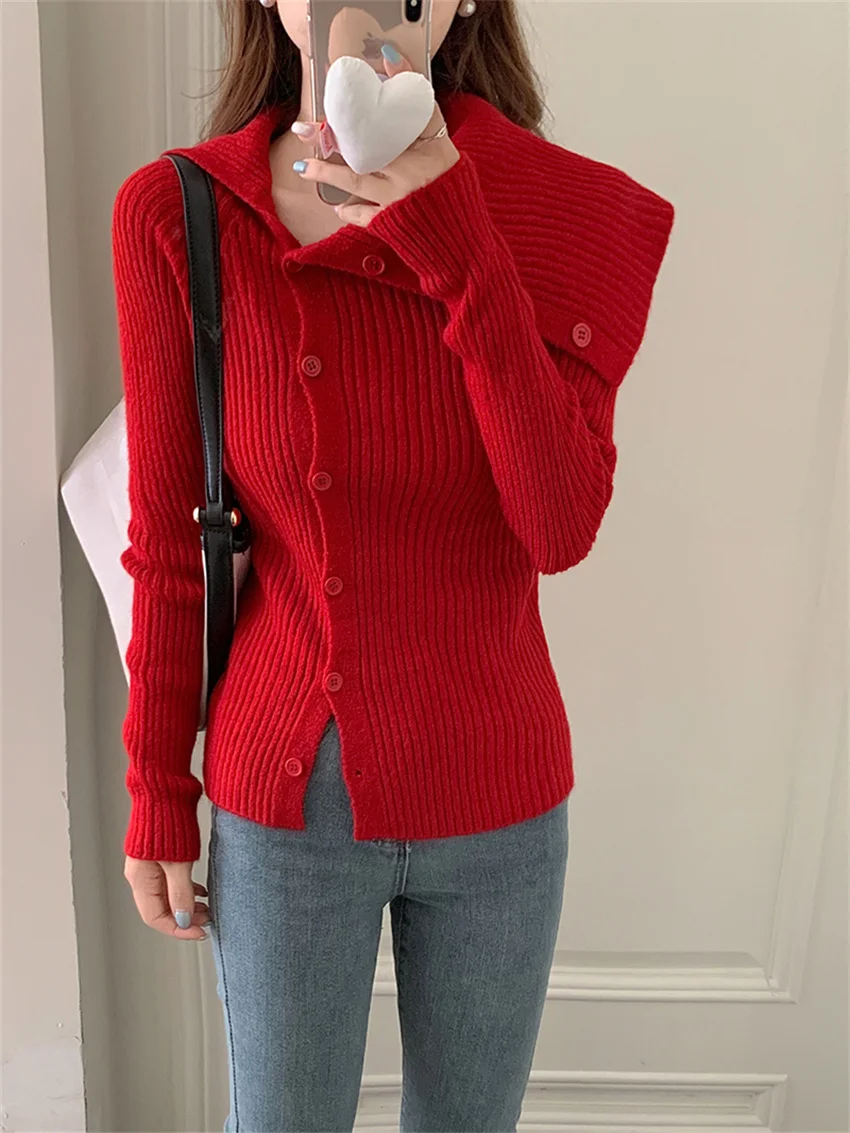 Женский трикотажный кардиган с косым воротником Alien Kitty Элегантный Теплый