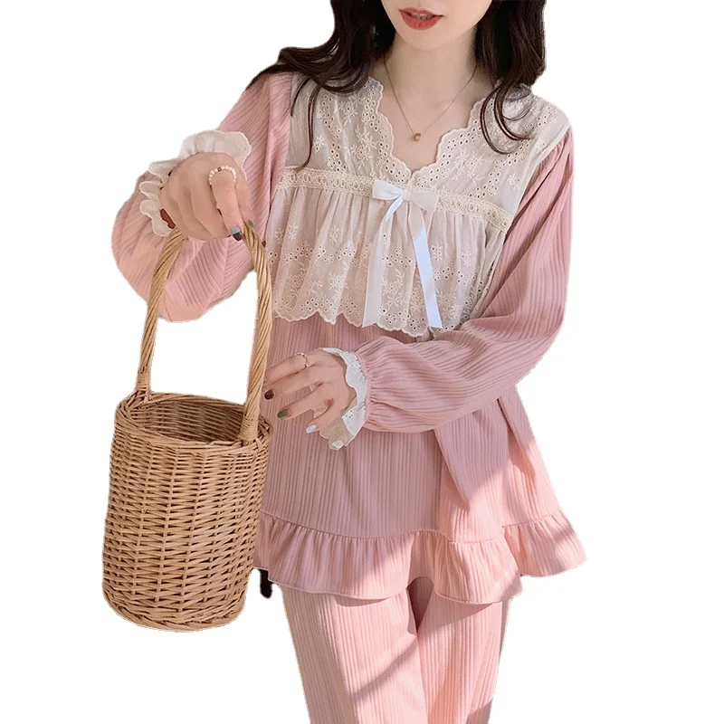 1 Spring and Autumn New Cotton Imitation Stripped Lace Pajamas Women's long sleeves can wear sweet two-piece suit home clothes