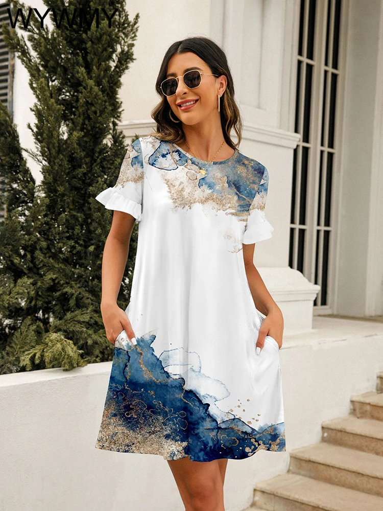 

Summer Women Mini Dress Fashion Casual Butterfly Short Sleeve Floral Printed Short Dress Beach Party Summer Sundress Femme Robe