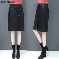 black pu leather skirt women 2022new midi sexy high waist bodycon split skirt office pencil skirt knee length plus sizeclothes