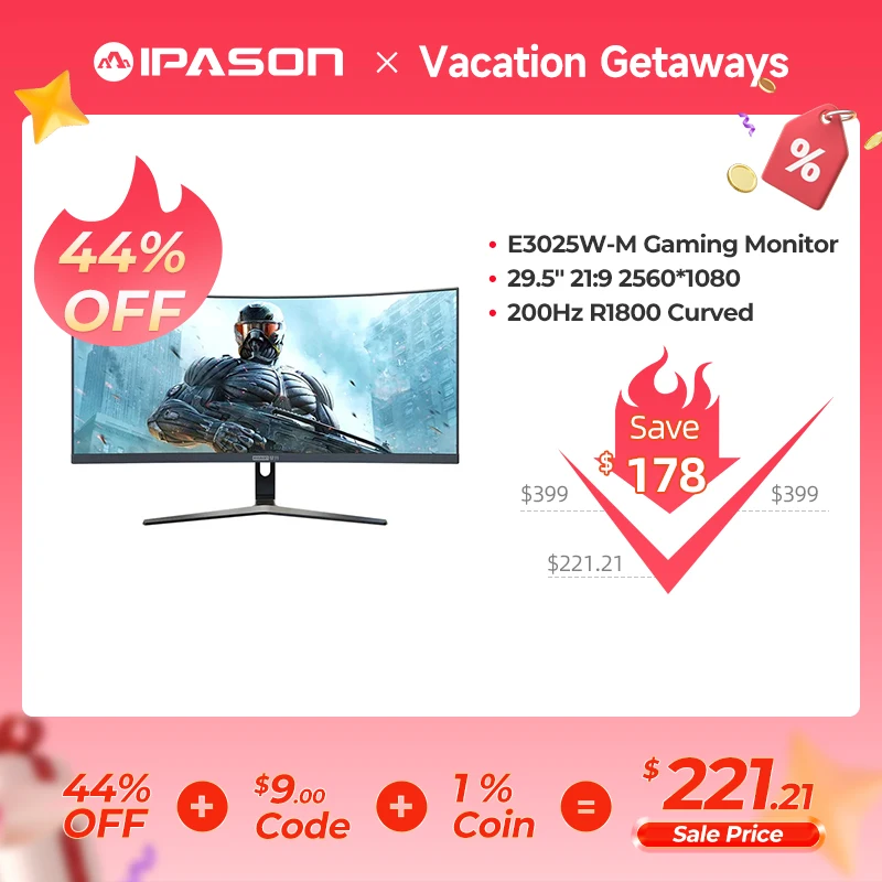 

IPASON 29.5-inch 200HZ Curved 21:9 Wide-Screen Gaming Monitor High-Definition FreeSync Low Blue Light DP HDMI