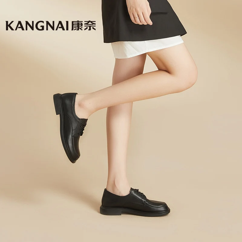

Kangnai Oxfords Women Shoes Cow Leather Round Toe Lace-Up Flats British Style Female Derby Shoes