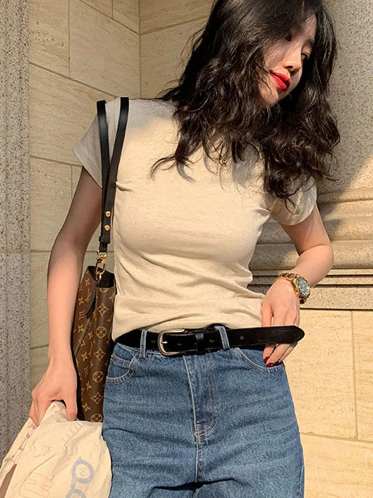 Однотонные базовые футболки с коротким рукавом женские повседневные летние