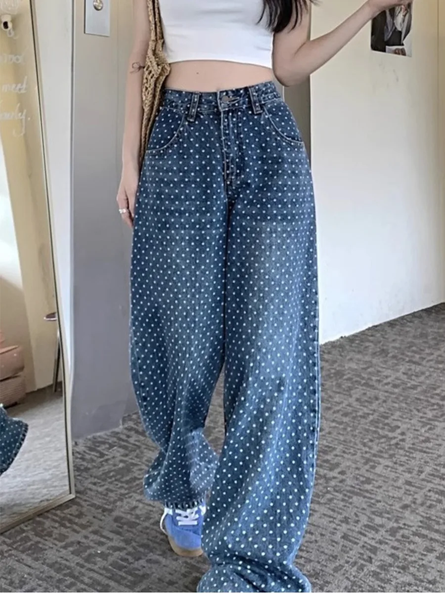 Женские джинсы в горошек стиле ретро прямые брюки с завышенной талией свободные