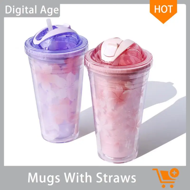 

480ml Plastic Water Cup Coffee Mug Cherry Pattern Double Cup Creative Gift Drinkware Fashion Mug With Straws