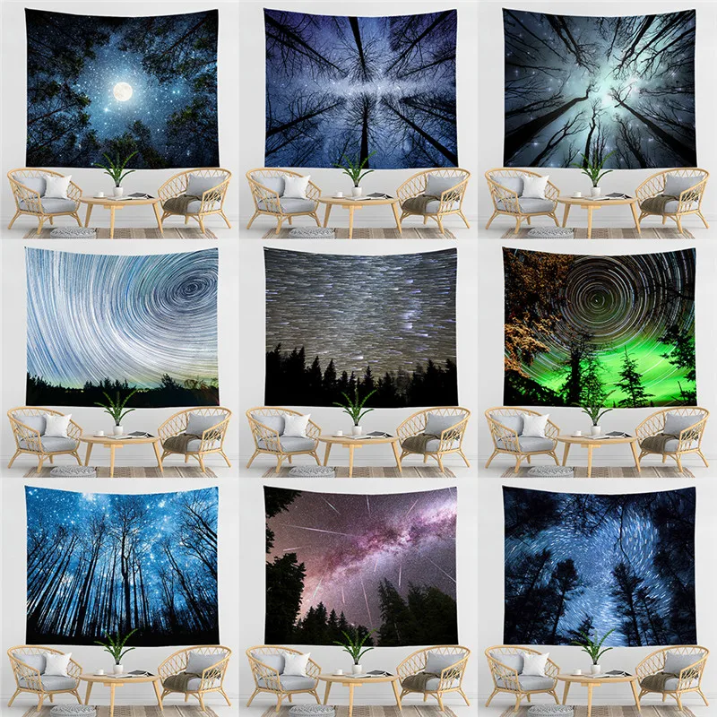 

Forest Tapestry Wall Hanging Psychedelic Trees Stars Fabric Tapestry Home Decor Polyester Table Cover Forest Night Tapestry