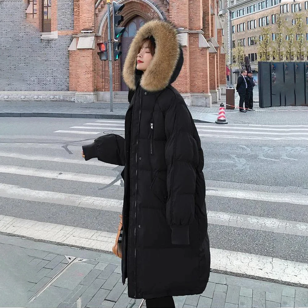 Women's Winter Cotton-padded Jacket Korean Stye Large Fur Collar Hooded Long Down Cotton Parkas Warm Loose Clothing Women Coat