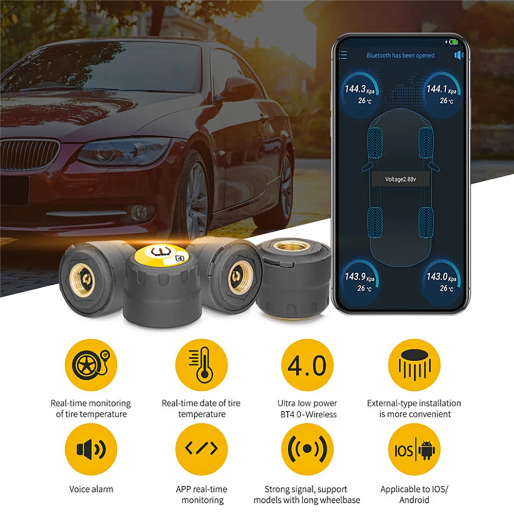 Car TPMS Bluetooth 4.0 Tyre Pressure Monitoring System Car Truck Real Time Tires Pressure 4 External Sensors Android/iOS Phones