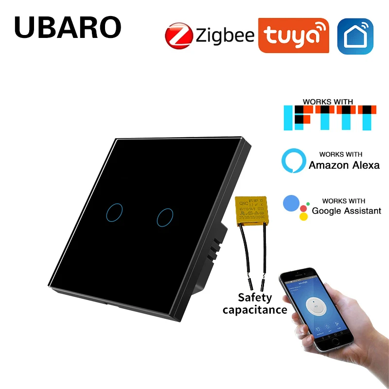 Фото UBARO Tuya умный дом WIFI настенный выключатель света 2Gang работает с Google Assistant Amazon Alexa Yandex Alice датчик голосового управления №2