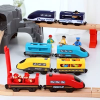 new kids electric train wooden track magnetic slot diecast electric railway with two carriages train wood toy fit wooden tracks