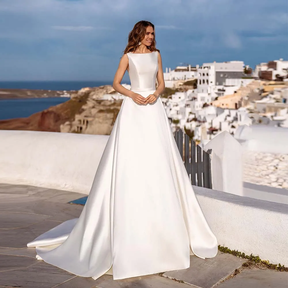 

Classic Bridal Gowns 2022 New Jewel Sleeveless A-Line Bride Dress Illusion Back Lace Button Satin Wedding Dress For Women Custom