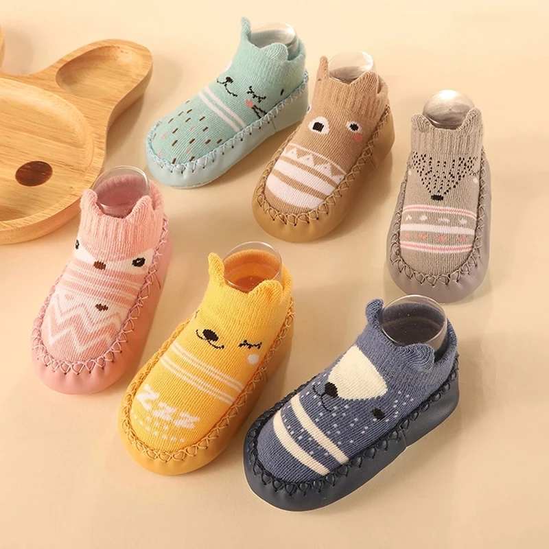 

Spring Autumn Cartoon Fox Children Floor Socks Infant Toddler Footwear Boys Girls Anti slip Soft Leather Sole Shoes bebe fille