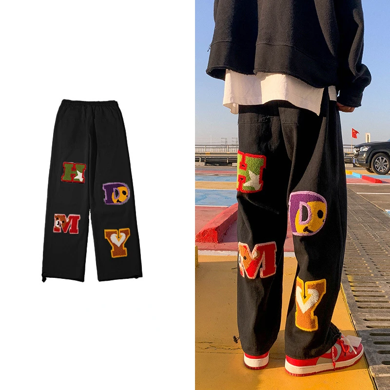 Letter Embroidery Straight Pants Brand Hip-hop Y2k High Street Wide-leg Pants Sportswear Casual Retro Fashion Loose Men Jeans
