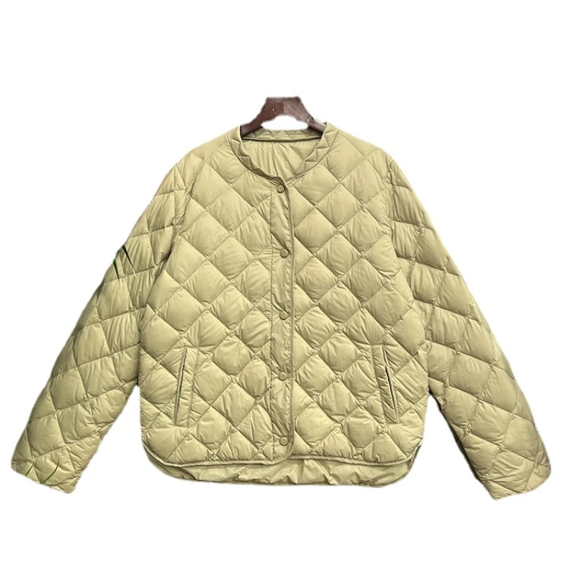 

Winter 2022 New Light Thin Down Jacket Fashion Diamond Check Round Neck Women Slim Long Sleeve Solid Color Casual Coat H158