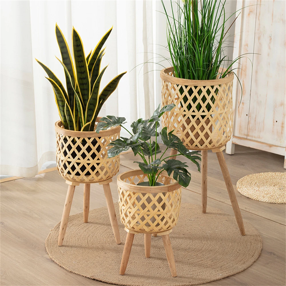 

Medium Woven Planter Pot Lightweight Twill Bamboo Flower Basket Bamboo Rattan Flowerpot Flower Display Shelf Balcony Flower Box