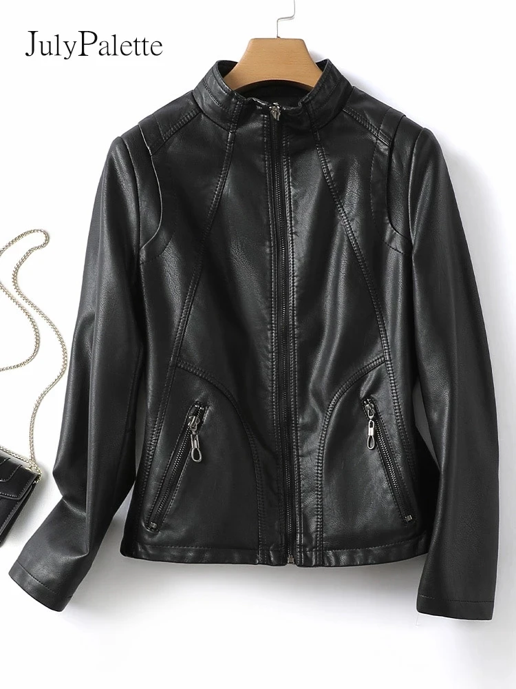 Julypalette Black Short Leather Jackets For Women Autumn Stand Collar Zipper Real Leather Coats 2022 Fashion Sheepskin Jackets
