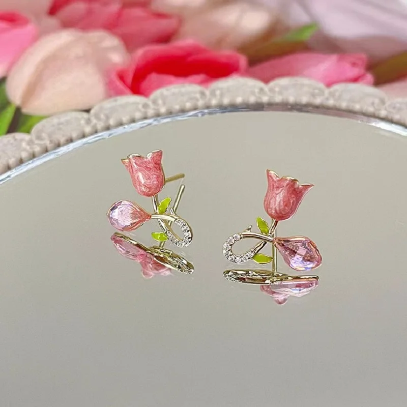 

Pink Tulip Earrings 2023 New Niche Design Sense Enamel Exquisite Silver Needle Earrings Female Gift Gift Valentine's Day Gift