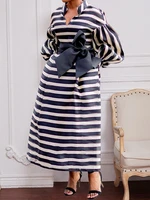 women print dress striped vintage england puffy long sleeve stand neck pocket belt birthday party event long big size retro 2022