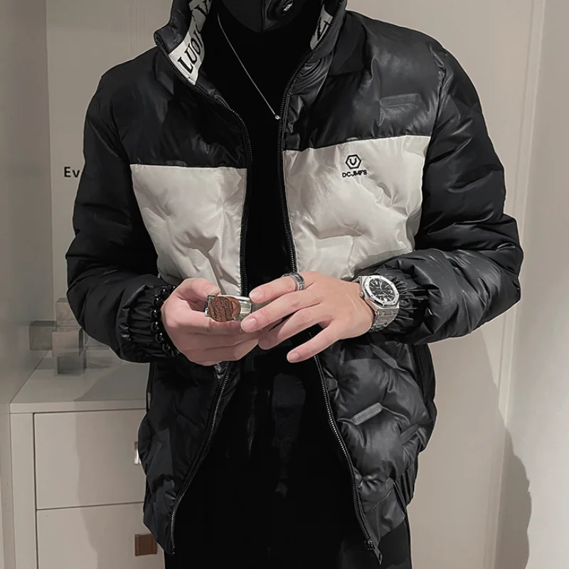 2022 Winter Contrast Stitching Puffer Parkas Men Thicken Warm Stand Collar Jacket Korean Hiphop Overcoat Streetwear Men Clothing