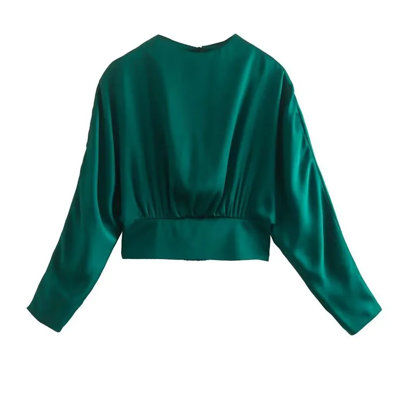 

Женская атласная блузка с длинным рукавом, круглым вырезом и открытой спиной