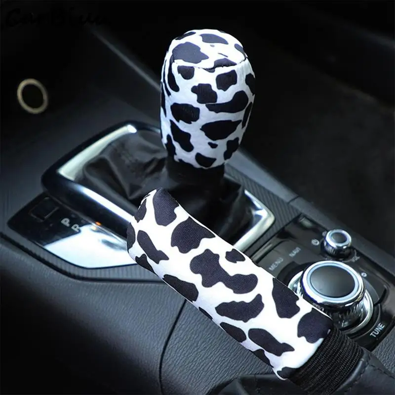 

1Set Universal Cow Print Car Gear Shift Collar Cover Car Glitter Shifter Hand Brake Covers Auto Decorate Interior Accessories