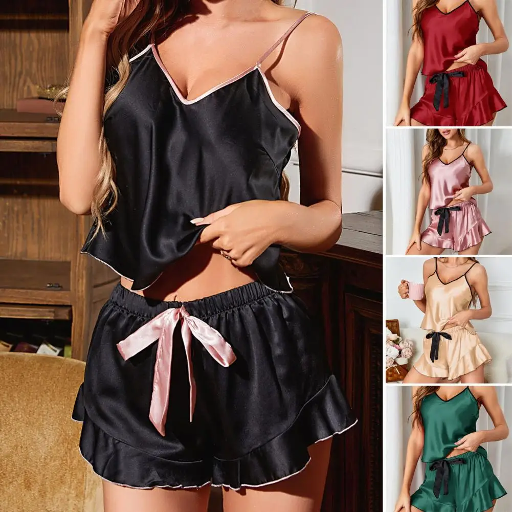 

2Pcs/Set Women Summer Sling Backless Vest Tops Elastic Waistband Ruffle Cuffs Shorts Bowknot Decor Smooth Satin Sleepwear
