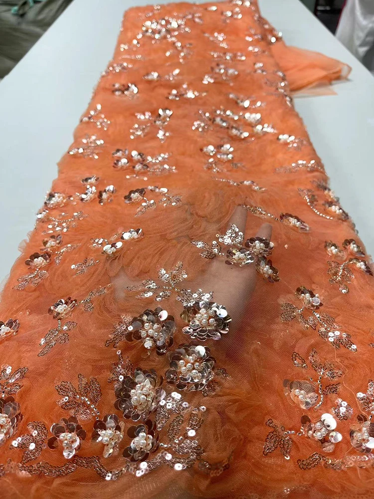 

Noble Orange French Sequins Laces 2023 High Quality 5 Yards Nigerian Fabric African Tulle Lace Fabrics For Party Dresses Sewing