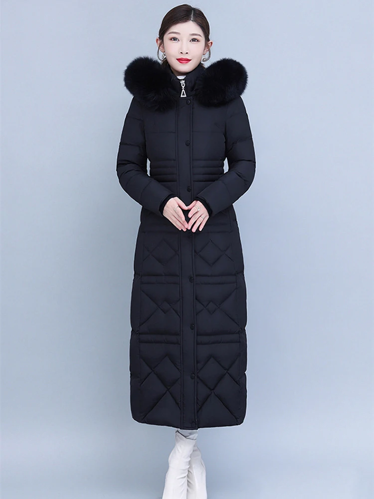 New Women Long Down Coat Winter Fashion Thicken Warm Real Fox Fur Collar Slim Lengthened Down Jacket White Duck Down Overcoat