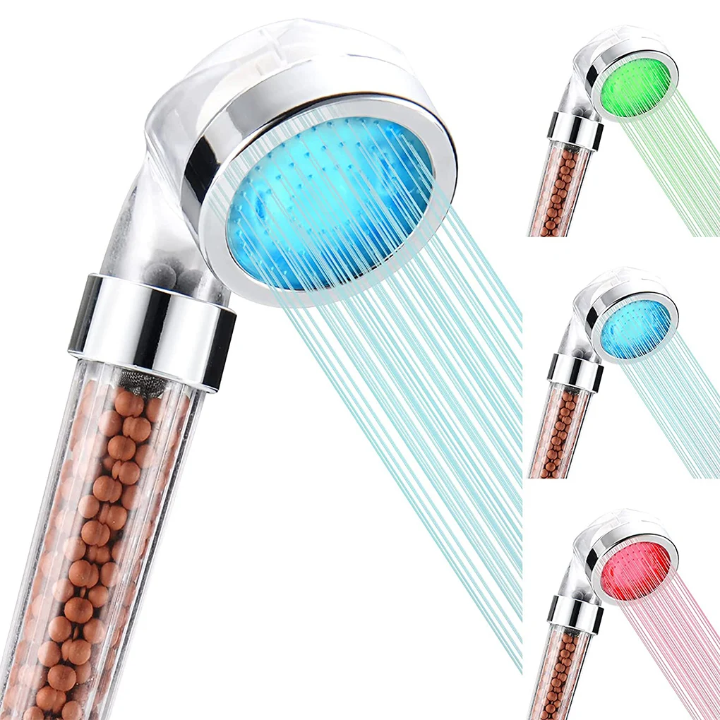 

Bathroom 3 Color Changing LED Shower Head Temperature Sensor Handheld Mineral Anion Spa High Pressure Filter Shower Head
