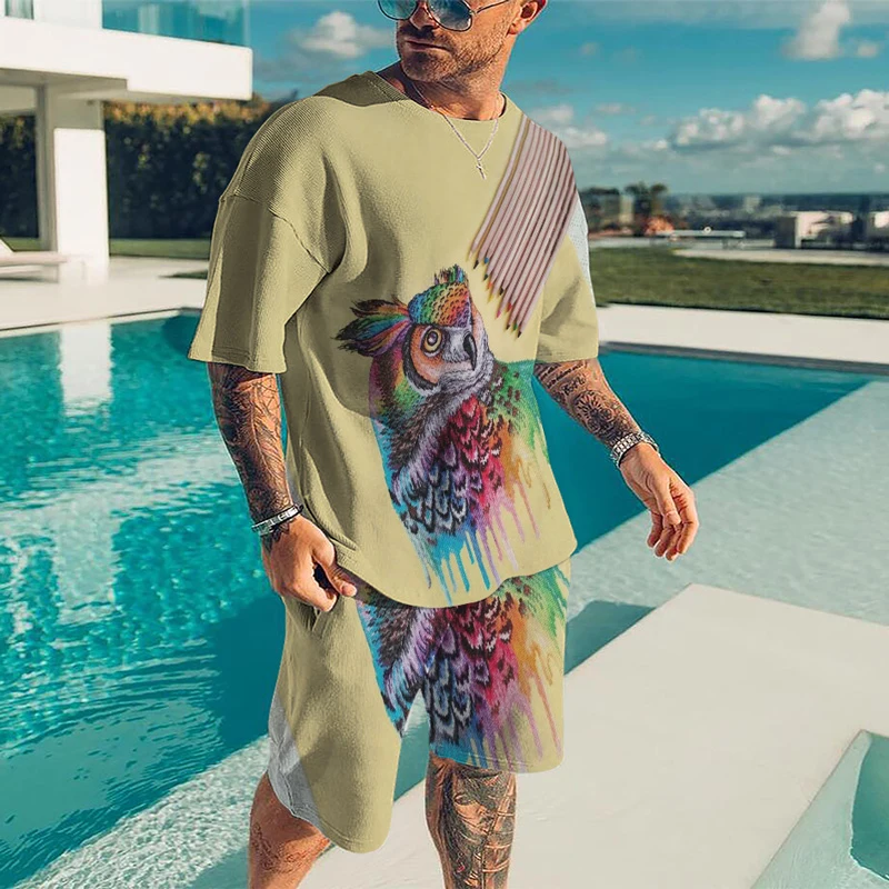 2023 Summer Tracksuit Short Sleeve Fashion Clothing For Men 3D Printed Set Casual T-shirt Top O-neck Owl Pattern Oversized