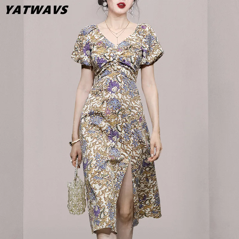 

Autumn Ladies V-Collar Vintage Printing Dresses Elegant Fashion Lantern Short Sleeve Women Designer Beaded Split A-Line Dress