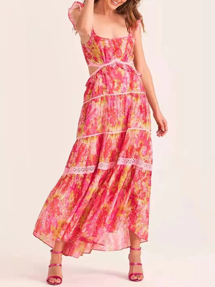 

Red Lace Stitching Women Ankle-length Sling Dress Square Collar Sexy Print Sleeveless Ruffles Waist Hollow out Lady Robe Summer